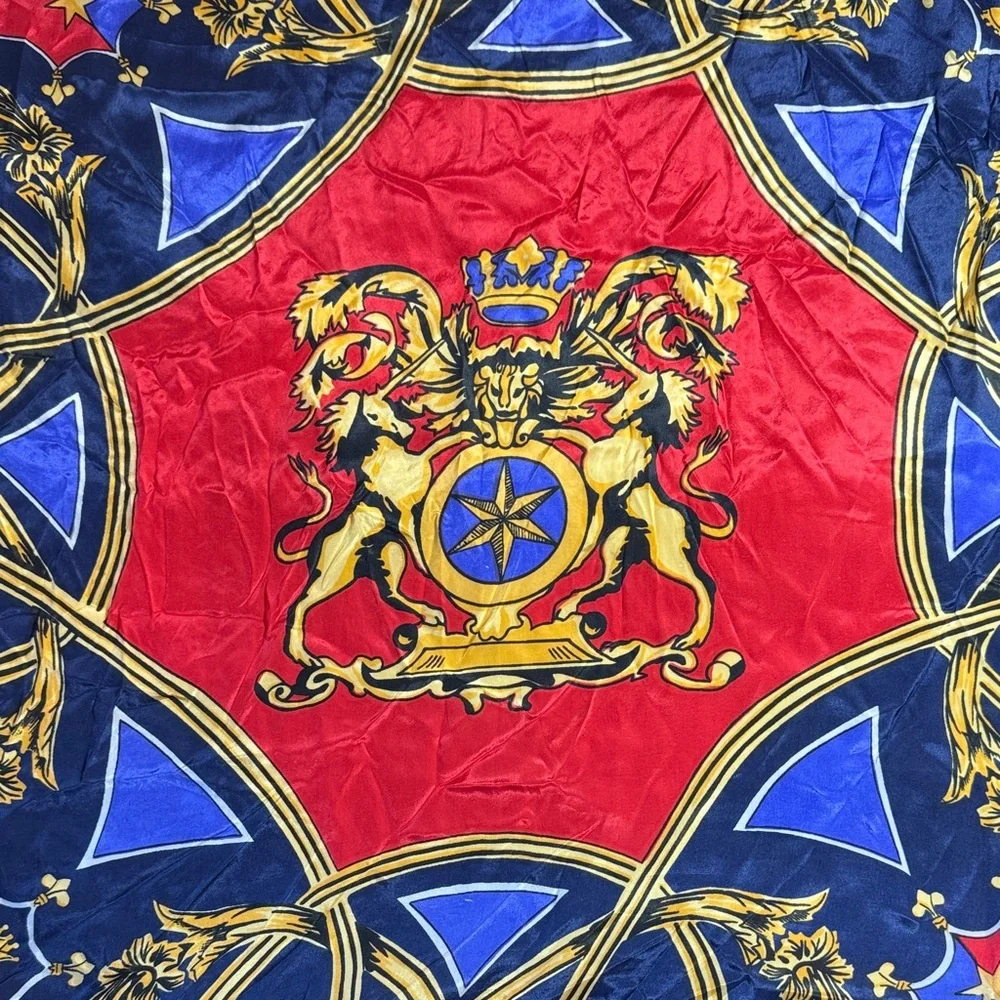 Bill Blass Vintage Red, Gold, Blue Scarf with Coat of Arms and Acanthus  Design.